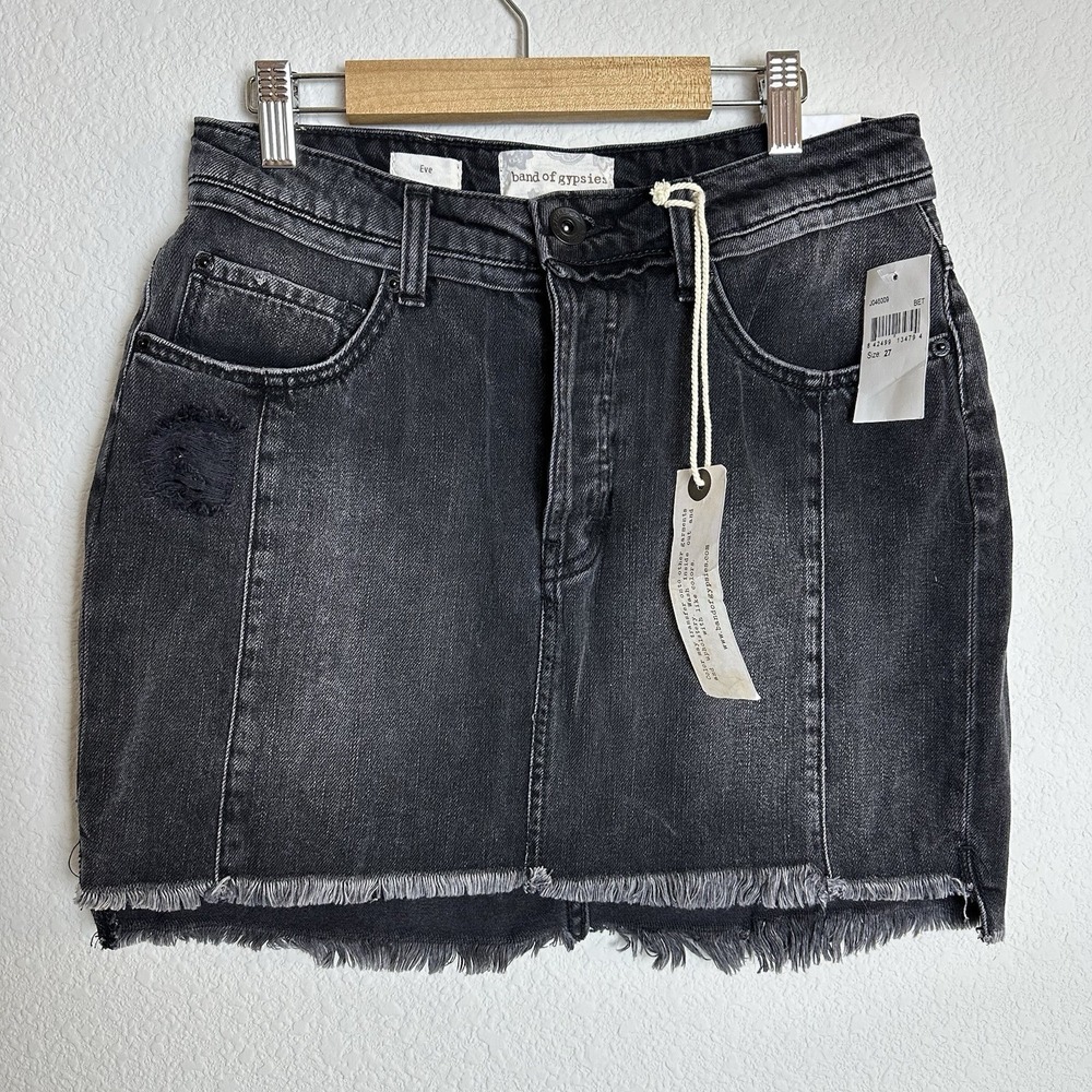 Band of Gypsies Black Denim Mini Jean Skirt Raw Hem Button Fly‎ Distressed Sz 27